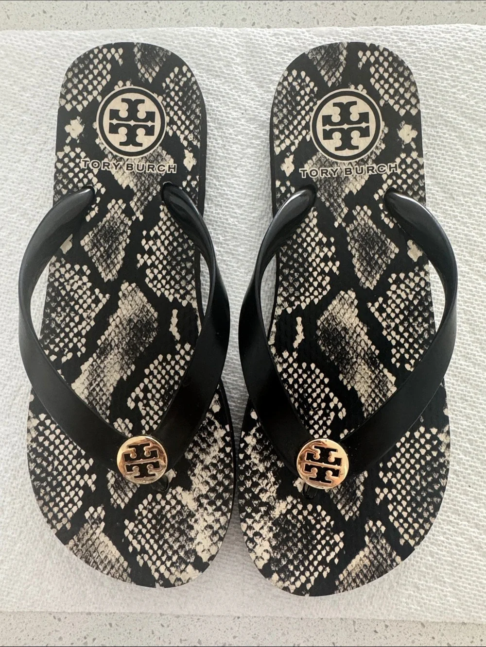 Tory Burch Black & Cream Snake-Print Thong Sandals with Gold Logo